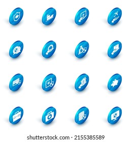 Set Ship, Safe in hand, Plane, Location shield, Credit card with, Lifebuoy, Delivery insurance and Money icon. Vector