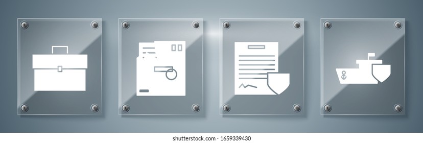 Set Ship with shield, Contract with shield, Ordered envelope and Briefcase. Square glass panels. Vector