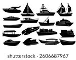 Set of ship silhouette designs in variations. Water transportation. Black and white Vector Illustration