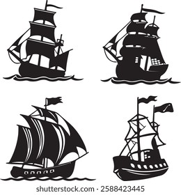 Set Of Ship Silhouette Vector ,illustration with large ship silhouettes collection isolated