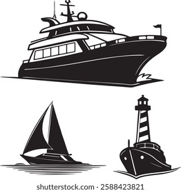 Set Of Ship Silhouette Vector ,Steamships and Sailing ship,, isolated