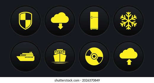 Set Ship, Snowflake, , CD or DVD disk, Refrigerator and Cloud download icon. Vector