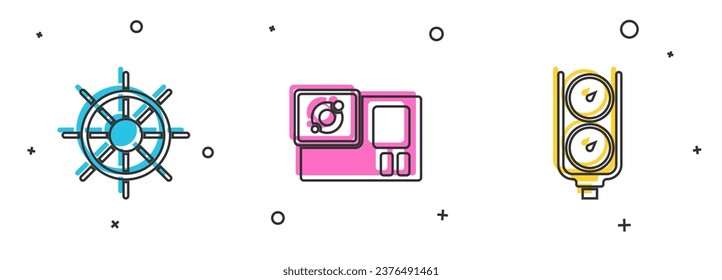 Set Ship steering wheel, Action camera and Gauge scale icon. Vector