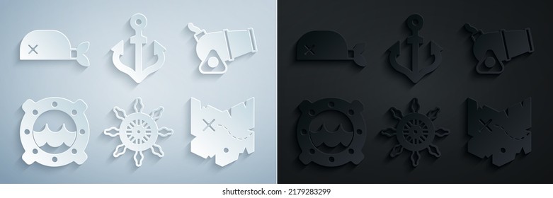 Set Ship steering wheel, Cannon, porthole with seascape, Pirate treasure map, Anchor and bandana for head icon. Vector