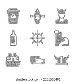 Set Ship steering wheel, Car, Viking horned helmet, Winter warm boot, Cruise ship, Bottle of vodka, head and Yogurt container icon. Vector