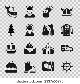 Set Ship steering wheel, Car, Sweater, Socks, Location flag Iceland, Tree, Whale and Waterfall icon. Vector