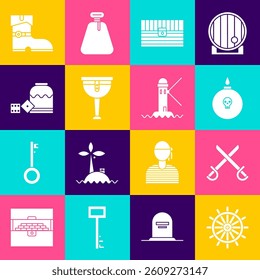 Set Ship steering wheel, Crossed pirate swords, Bomb ready to explode, Antique treasure chest, Wooden leg, Pirate game dice, Leather boots and Lighthouse icon. Vector