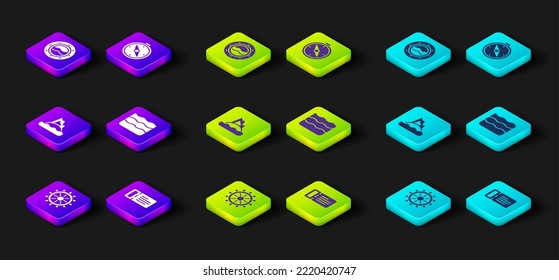 Set Ship steering wheel, Cruise ticket, Tropical island ocean, Wave, Compass and porthole with seascape icon. Vector