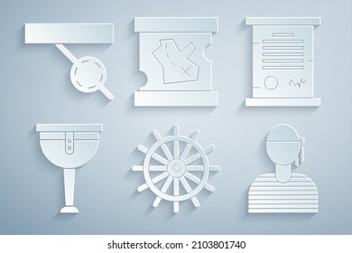 Set Ship steering wheel, Decree, parchment, scroll, Wooden pirate leg, Sailor captain, Pirate treasure map and eye patch icon. Vector