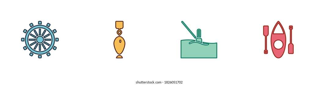 Set Ship steering wheel, Fishing spoon, float water and Kayak or canoe icon. Vector.