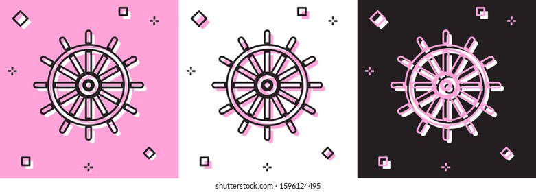Set Ship steering wheel icon isolated on pink and white, black background.  Vector Illustration