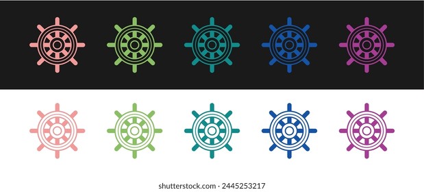 Set Ship steering wheel icon isolated on black and white background.  Vector