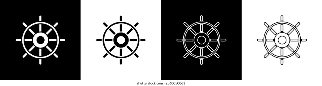 Set Ship steering wheel icon isolated on black and white background.  Vector Illustration