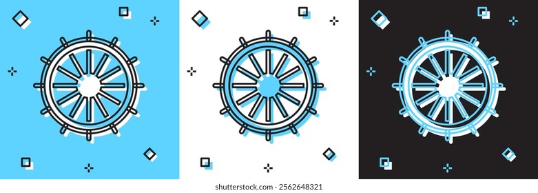 Set Ship steering wheel icon isolated on blue and white, black background.  Vector