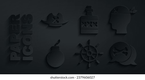 Das Lenkrad des Schiffes, Piratenführer, Sprengbombe, Pirat, Alkohol trinken Rum und Hutsymbol. Vektorgrafik