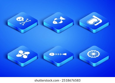 Set Ship steering wheel, Skull on crossbones, Dead fish, Boat propeller, Fish and Diving mask and snorkel icon. Vector