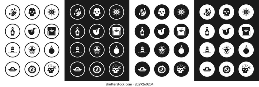 Set Ship steering wheel, Smoking pipe, Alcohol drink Rum, Pirate coin, Antique treasure chest, Skull, Bomb ready to explode and Lighthouse icon. Vector