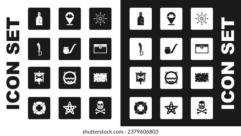 Fijar el volante de dirección del barco, el tubo de humo, la espada pirata, la bebida alcohólica Rum, el cofre del tesoro antiguo, el pirata de localización, el mapa y el icono de la bandera. Vector
