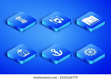 Set Ship steering wheel, Spinning reel for fishing, Anchor, Camping lantern, Kayak canoe and Aquarium icon. Vector