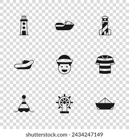 Set Ship steering wheel, Striped sailor t-shirt, Folded paper boat, Sailor, Lighthouse, Jet ski and Inflatable with motor icon. Vector