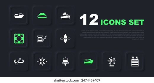Set Ship steering wheel, Striped sailor t-shirt, Marine bollard with rope, Speedboat, Lifebuoy, Wind rose, Sailor hat and bell icon. Vector