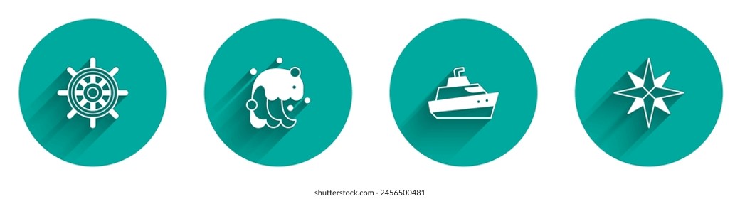 Set Ship steering wheel, Tsunami, Speedboat and Wind rose icon with long shadow. Vector