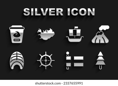 Set Ship steering wheel, Volcano, Tree, Flag of Iceland, Fish steak, Viking ship Drakkar, Yogurt container and Map icon. Vector