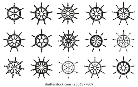 Set of ship steering wheels icon in black on a white background