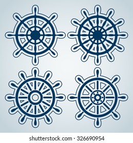 Set of ship steering wheels. Nautical design elements. Vector illustration.