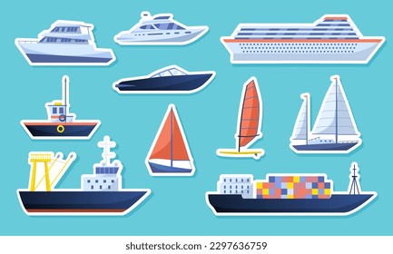 Set of ship stickers. Collection of boats, nautical transport for ocean and sea. Yacht, submarine and helm with flag. Travel and journey. Cartoon flat vector illustrations isolated on bluee background