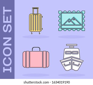 Set Ship, Suitcase for travel, Suitcase for travel and Postal stamp and Mountains icon. Vector