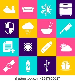 Set Ship, Sun and cloud weather, Meat chopper, snowflake, Cloud with rain and Shield icon. Vector