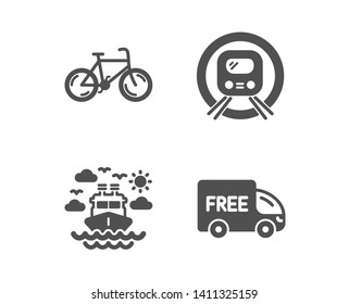 Set of Ship travel, Bicycle and Metro subway icons. Free delivery sign. Cruise transport, Bike, Underground. Shopping truck.  Classic design ship travel icon. Flat design. Vector