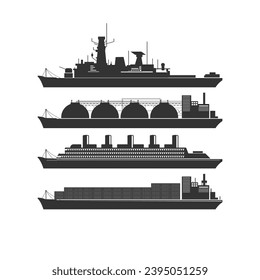 Set of Ship , Warship,Tanker, Cargo Ship and Yacht. Isolated Ship on White Background. Icon Illustration Vector