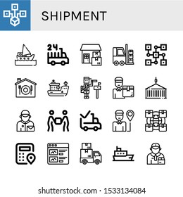 Set of shipment icons. Such as Distributed, Ship, hours delivery, Delivery, Forklift, Home delivery, Paperboy, man, Container, Postman, Delivered, Logistics , shipment icons