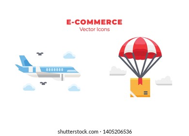 Set of shipment icons, such as plane and Parachute icons, with flat style. Suitable for E-commerce, online shop, shipment, shopping, and delivery theme - Vector Illustration - Vector