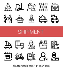 Set of shipment icons such as Ship, Delivery, Forklift, Delivery man, Delivery guy, Distributed, Delivered, Home hours Unloading, date , shipment