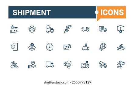 Set of Shipment line icons. Featuring cargo, occupation, client, business, pack, house and more. Isolated icons design. Solid line editable stroke.