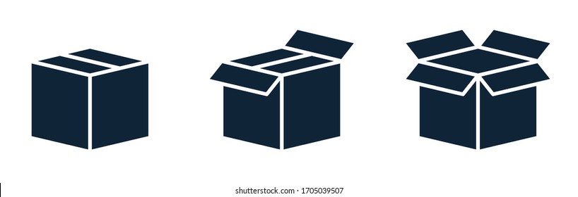 Set of shipping, delivery box or container icons. Glyph icon. Cargo, transportation container symbol. Open and closed boxes. Applicable for post, delivery, gift illustration. Vector illustration