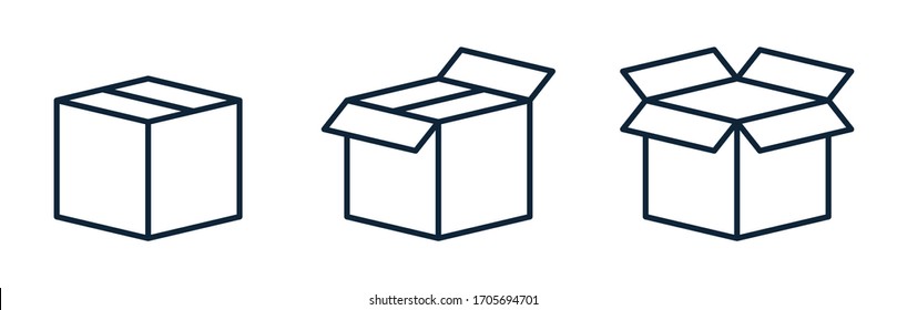 Conjunto de iconos de envío, de caja de entrega o de contenedor. Icono de línea. Cargo, símbolo de contenedor de transporte. Cajas abiertas y cerradas. Aplicable para la ilustración de correos, entregas y regalos. Ilustración del vector