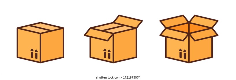 Conjunto de iconos de envío, de caja de entrega o de contenedor. Icono de línea. Cargo, símbolo de contenedor de transporte. Cajas abiertas y cerradas. Aplicable para la ilustración de correos, entregas y regalos. Ilustración del vector