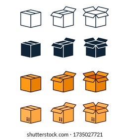 Set of shipping, delivery box or container icons. Line, glyph, isometric icon. Cargo container symbol. Open boxes. Applicable for post, delivery, gift illustration. Vector illustration