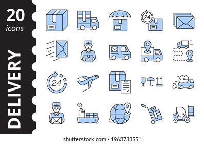 Juego de iconos de envío y entrega. Colección simple de símbolos lineales vectoriales en color.
