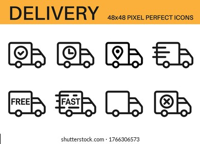 Set of shipping, delivery icons. Delivery status symbols - delivered, shipped, scheduled, on the way, in transit, approve, confirmed. Shipping service symbols. Outline, line icons. Vector illustration