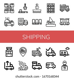 Set of shipping icons. Such as Logistics, Delivery truck, Conveyor, Cargo truck, Galleon, Package, Ship, Truck, Freight wagon, Tramway, Unloading, Delivered, Van , shipping icons