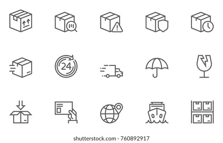 Set of Shipping Line Icons with Packaging, Package Protection, Return, Mailing and more. Editable Stroke. 48x48 Pixel Perfect.