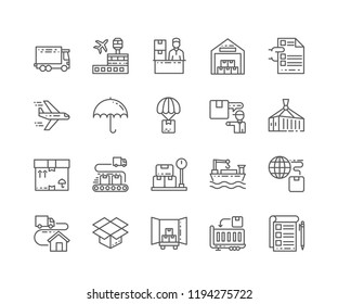 Set of Shipping outline icons isolated on white background. Editable Stroke. 64x64 Pixel Perfect.