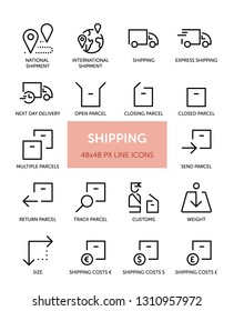 Conjunto de iconos de línea de Vector relacionados con el envío. Contiene iconos como Paquete, Aduanas, Peso, Tamaño y más. 48x48px con trazo editable.