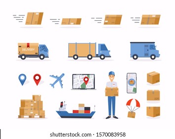 Set of shipping related vector objects. 
Delivery man and track. 