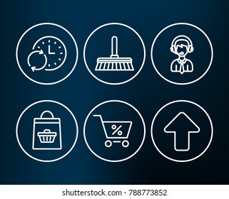 Set of Shipping support, Cleaning mop and Online buying icons. Special offer, Update time and Upload signs. Delivery manager, Sweep a floor, Shopping cart. Discounts, Refresh clock, Load arrowhead